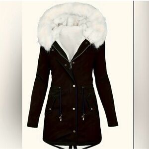 Black Utility Jacket with White Faux Fur Hood
